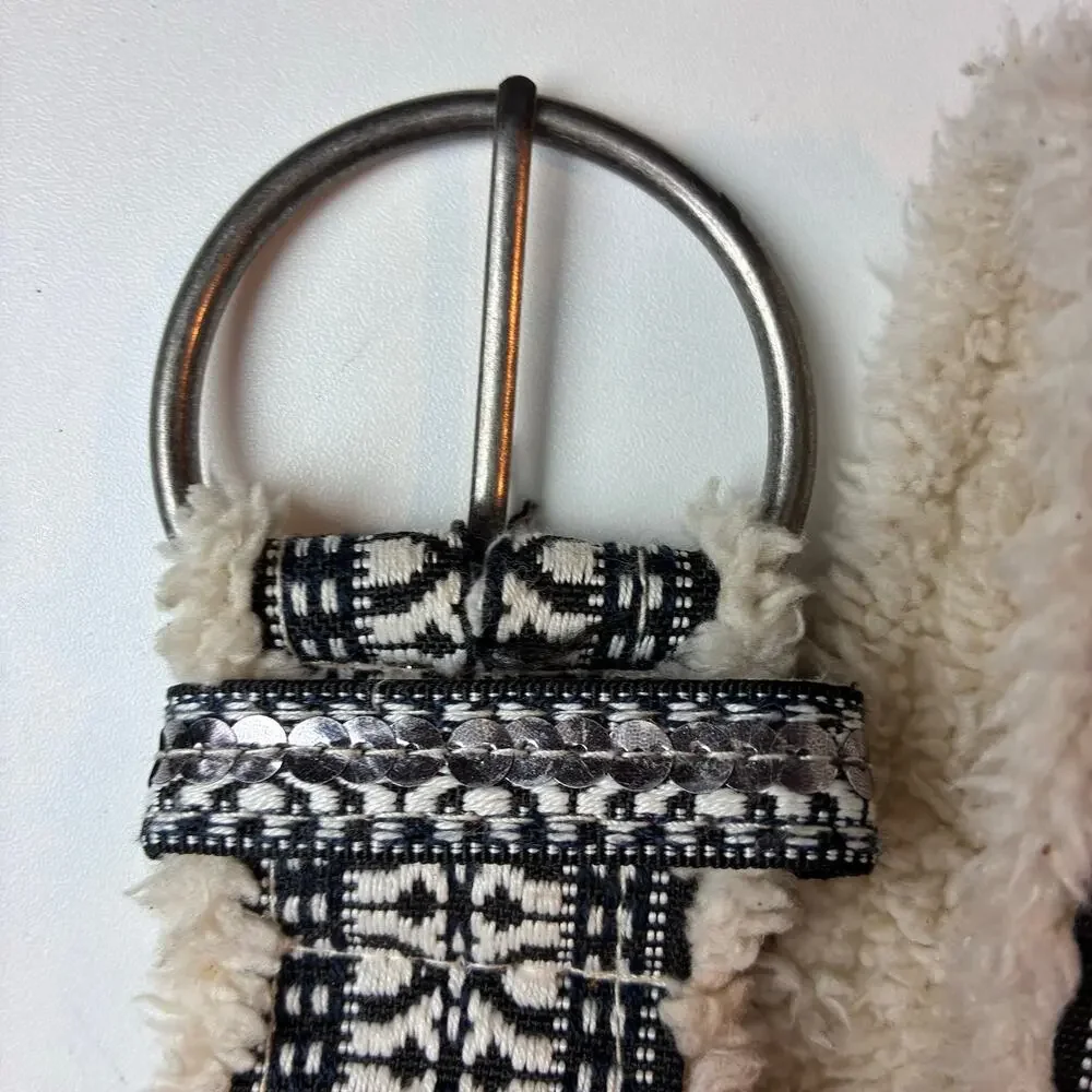 Boho Southwest Geometric Sherpa Fleece Belt Black Cream O-Ring Buckle Size Small
